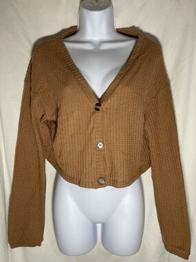 ROMWE Brown Waffle Knit Cropped Cardigan Sweater Women's Size L Large Boho Cozy